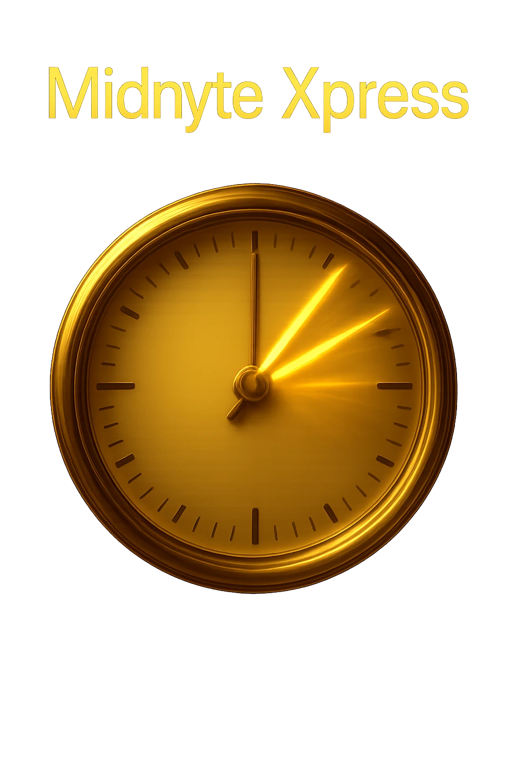 Add a sense of motion to the clock hands with motion blur or dynamic lines, while keeping the glowing effect and realistic style. The text 'Midnyte Xpress' should remain above. Maintain a transparent background. emoji