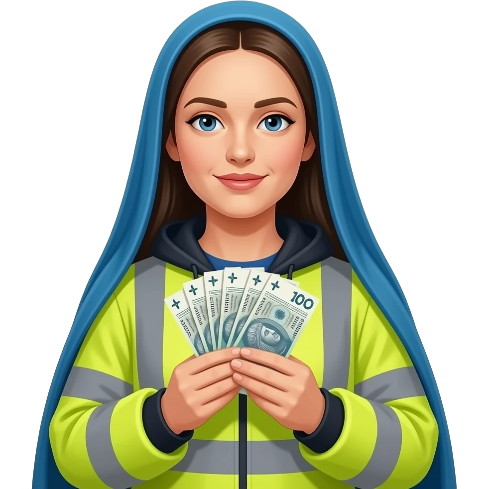 virgin marry in highviz clothes with a polski złoty bank notes in hands emoji