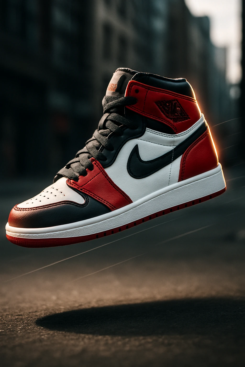 “A high-resolution image of an iconic Air Jordan sneaker floating in mid-air with dramatic lighting, shadow underneath, glowing edge highlights, bold red, black, and white color scheme, urban street background blurred, sharp focus on the shoe, cinematic depth of field, dynamic angle with motion lines, premium sneaker ad style.” emoji
