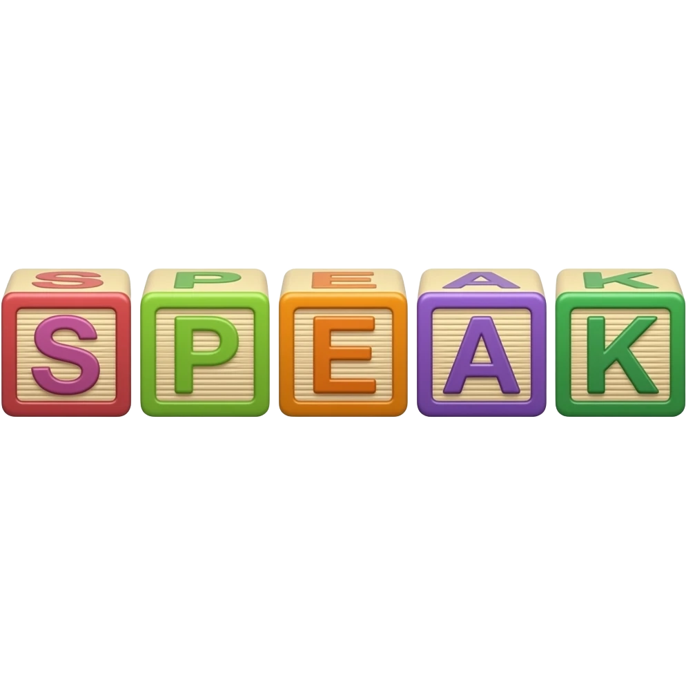 Five children's blocks forming the word "SPEAK" emoji