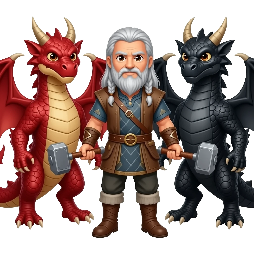 la même image mais les yeux brun et les cheveux et la barbe de couleur argenté. un viking aux cheveux long et une barbe moyenne argenté avec un marteau à deux main sur lequel repose ses deux mains. Ce viking est entre deux dragons, l'un est rouge et l'autre est noir . emoji