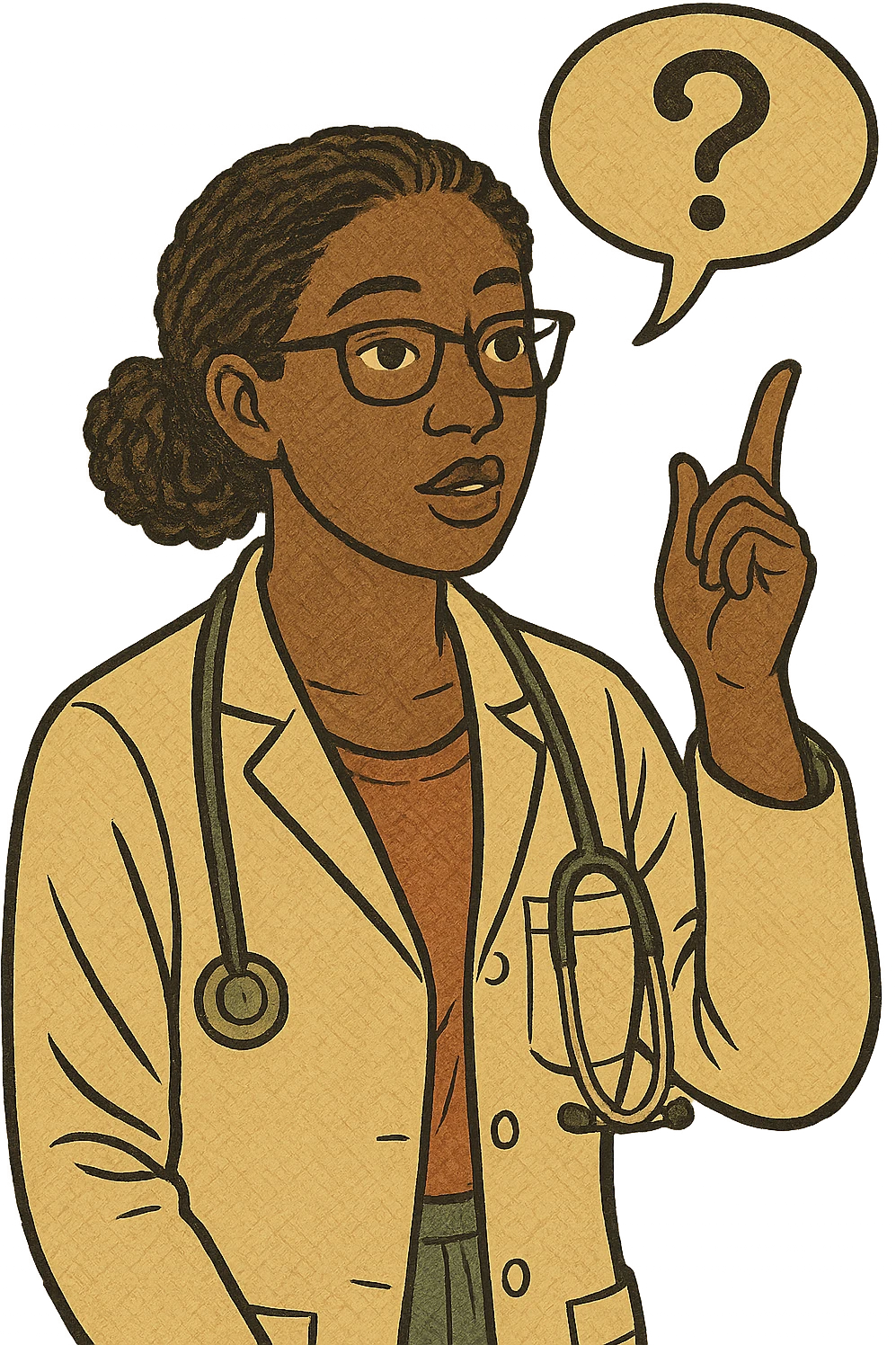 A modern day female black doctor asking a question emoji