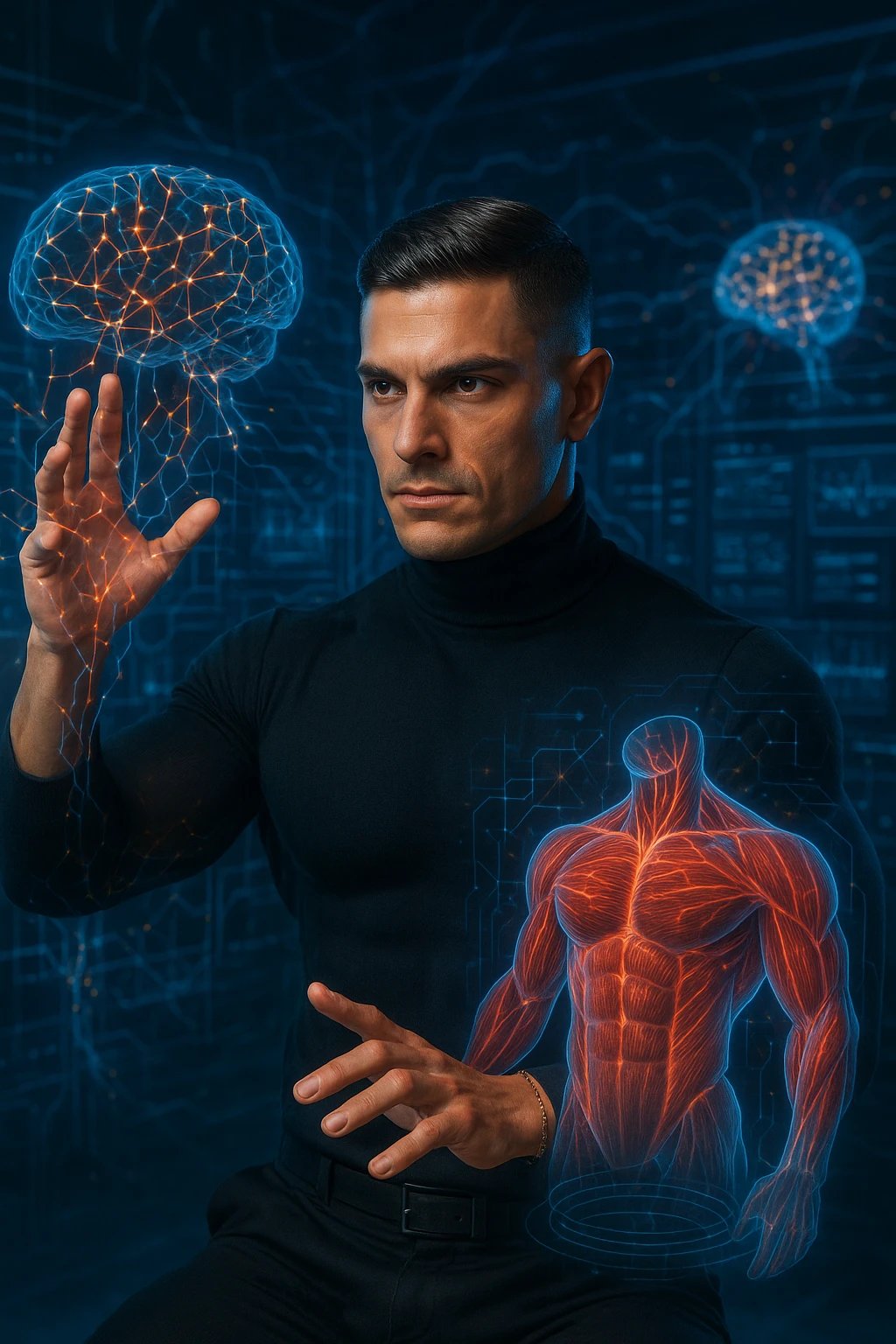 "Neuroscientist using advanced visualization to reprogram muscle development pathways, brain scans showing neural networks firing to stimulate muscle growth, expression of scientific breakthrough, his body responding to optimized mental training protocols, muscle memory being created without physical movement, consciousness hacking biological systems for muscle development" emoji