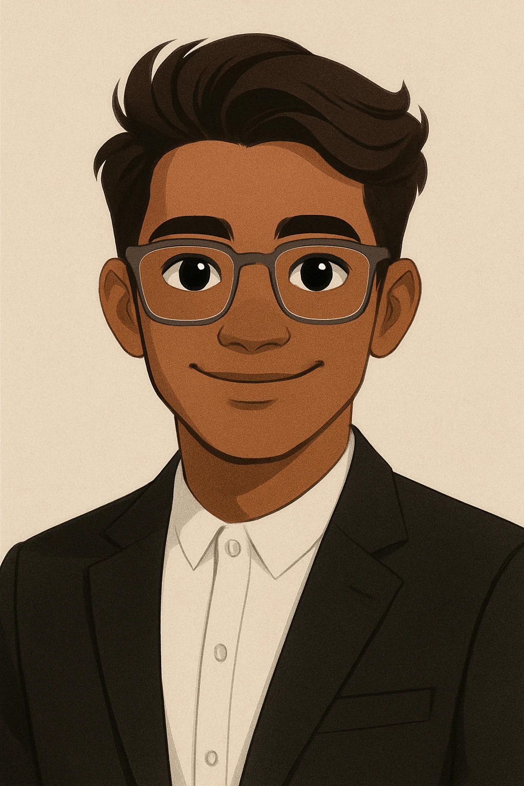 male character with medium brown skin, large expressive black eyes, neat voluminous dark brown hair swept left, large semi-transparent rectangular eyeglasses, smiling warmly, black formal blazer over white shirt buttoned to top, modern style portrait emoji