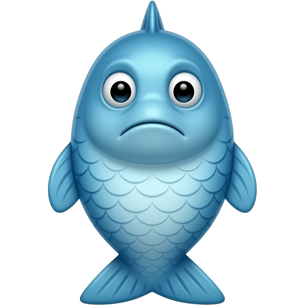 A little blue fish standing upright in the shape of a little man with a sad face emoji