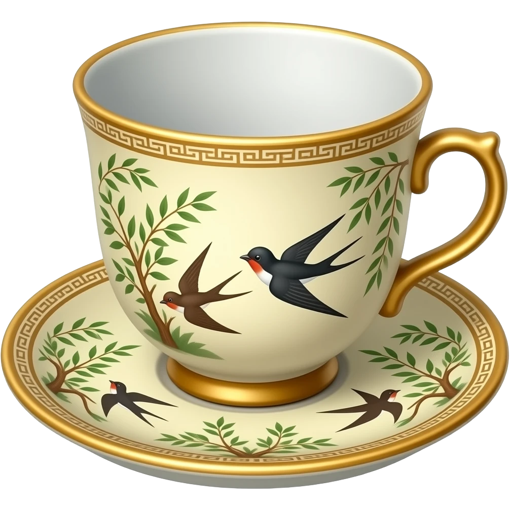 Chinoiserie style tea cup and saucer, beige porcelain, with a pattern of willow, brown swallows emoji