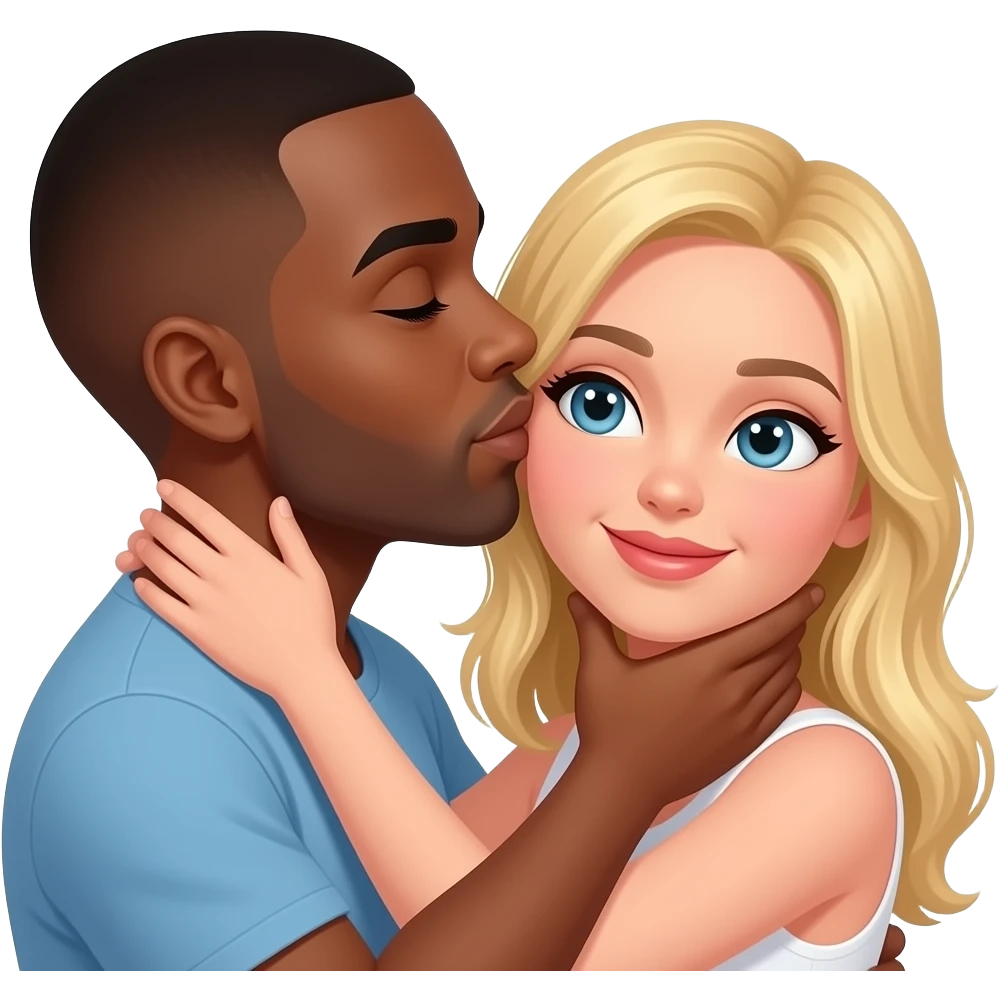 Black man with shaved head kissing blonde girlfriend on the neck emoji