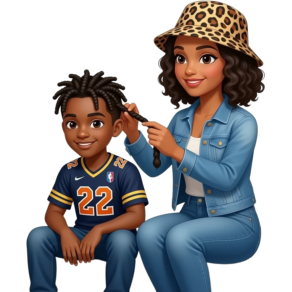 African American teenage boy with corn roll style braids  sitting on house porch steps wearing a jersey shirt with the number 22 on it, getting his hair braided by a African American woman with shoulder length curly black hair wearing a leopard print bucket hat wearing denim jeans and a denim jacket emoji