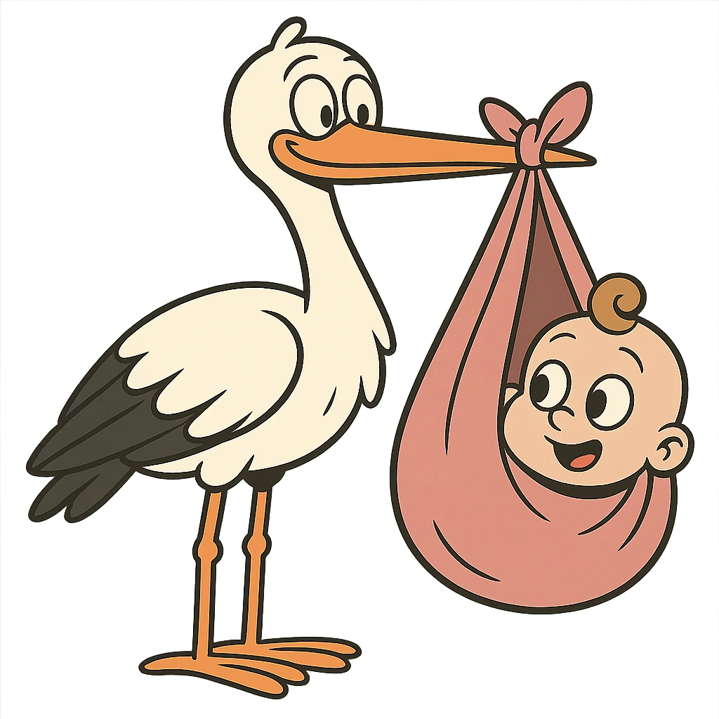 stork with a baby peeking out of a pink bundle in flat toon style emoji