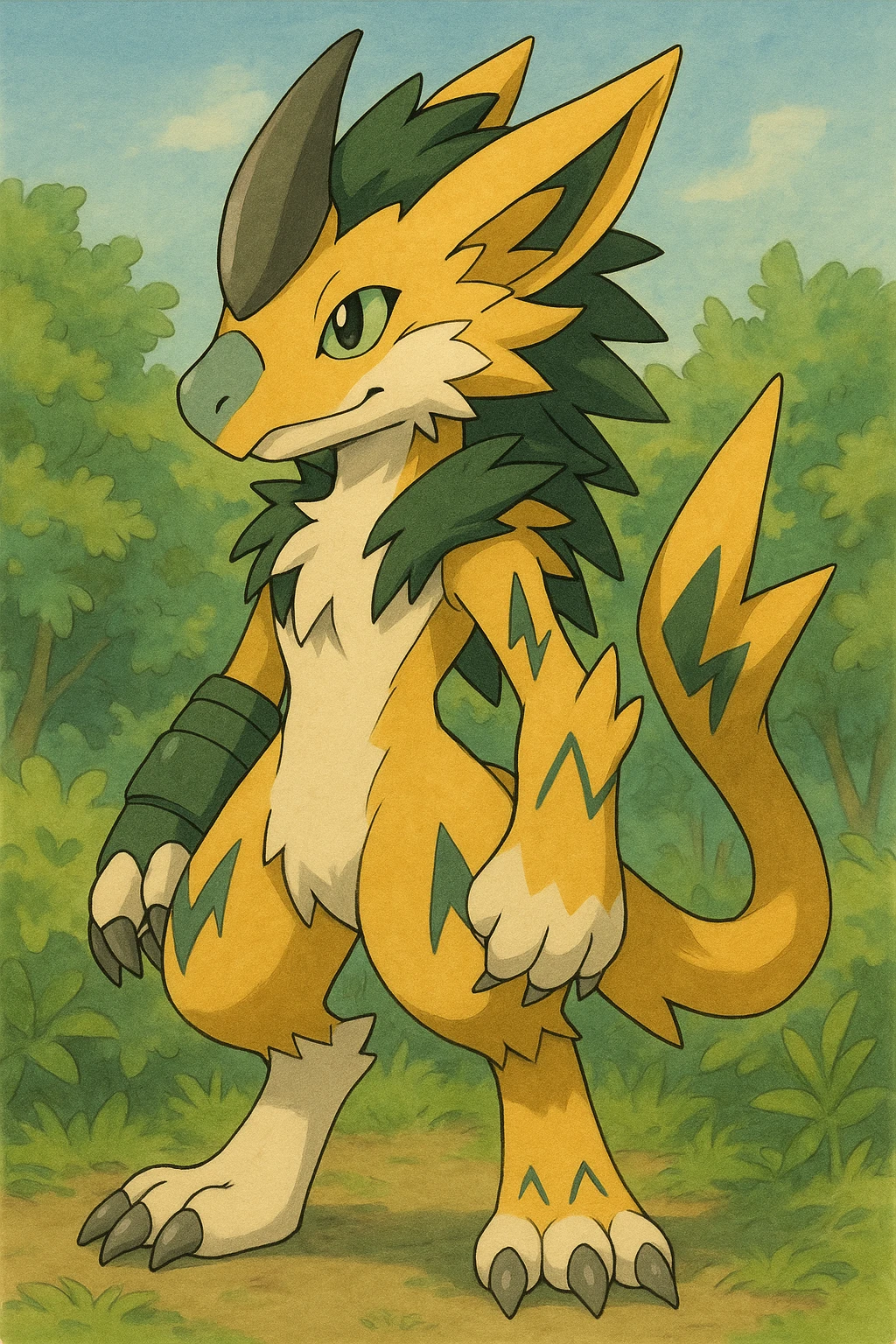 Sergal-Protogen-Trico-Renamon-Lombax-Zeraora-Vernid-fusion-hybrid-creature, drawn in a Pokémon/Digimon style emoji
