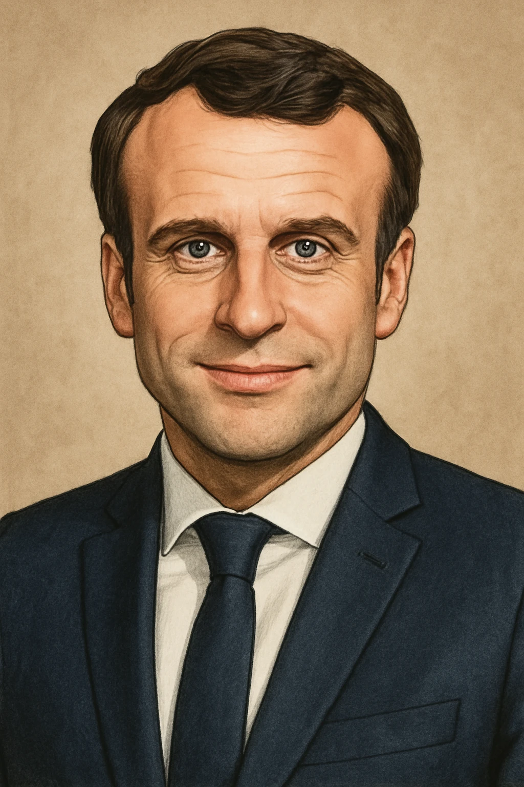 realistic cartoon portrait of Emmanuel Macron, French president, wearing a suit and tie, confident expression emoji