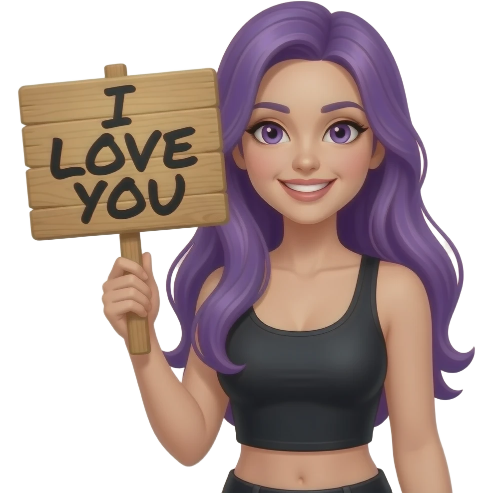 sexy girl with long purple hair and purple eyes holding I LOVE YOU sign emoji