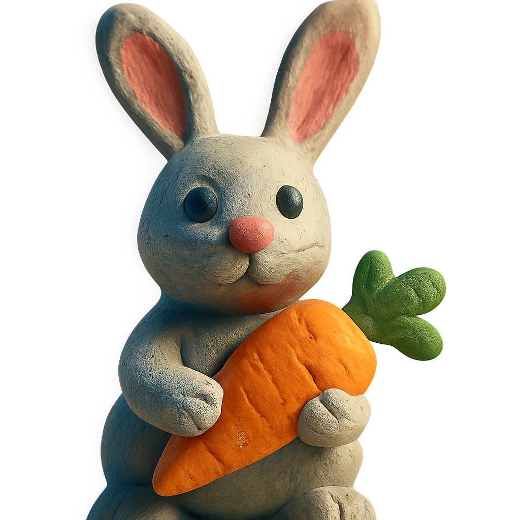rabbit holding a carrot, soft lighting, textured look, vibrant colors, claymation style emoji