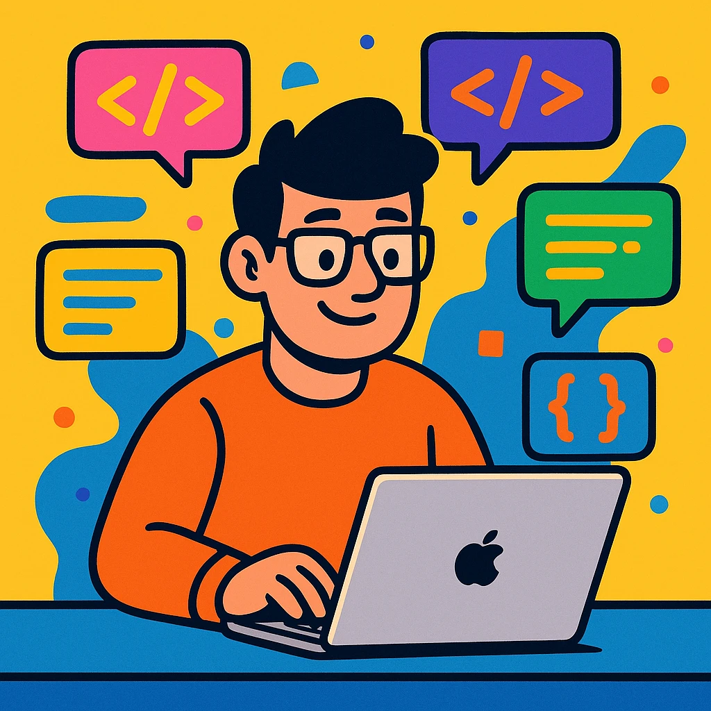 a developer working on a MacBook, surrounded by code snippets, vibrant cartoon style emoji
