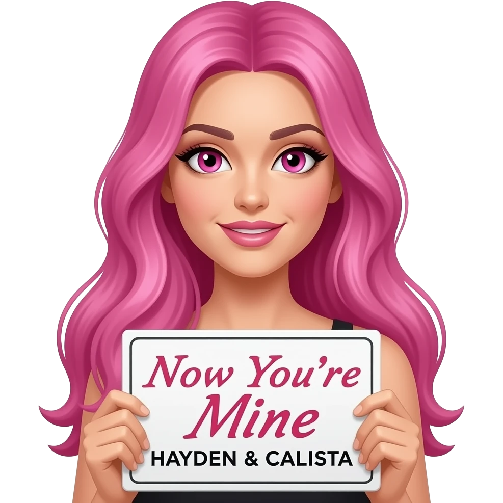 sexy girl with long pink hair and pink eyes holding a Now You're Mine HAYDEN & CALISTA sign emoji