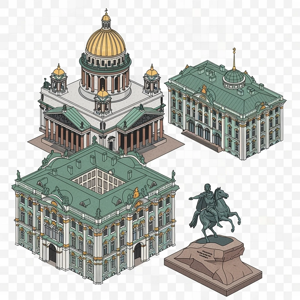 Isometric photorealistic illustration of Saint Petersburg - Saint Isaac’s Cathedral, the Winter Palace, and the Bronze Horseman statue. Miniature, slightly hand-drawn style, balanced between stylized and realistic, transparent background. emoji