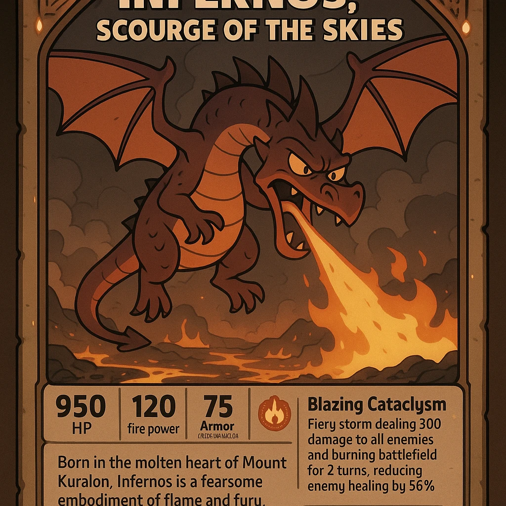 epic role-playing card featuring a legendary fire-breathing dragon named Infernos, Scourge of the Skies, ornate collectible design with glowing ember accents, ancient dragon runes, dramatic illustration of Infernos flying over a scorched battlefield with molten lava and smoke, card stats: 950 HP, 120 fire power, 75 armor reducing physical damage by 25%, special ability Blazing Cataclysm fiery storm dealing 300 damage to all enemies and burning battlefield for 2 turns reducing enemy healing by 50%, lore-rich description Born in the molten heart of Mount Kuralon, Infernos is a fearsome embodiment of flame and fury, whose roar shakes mountains and whose breath leaves nothing but ash emoji