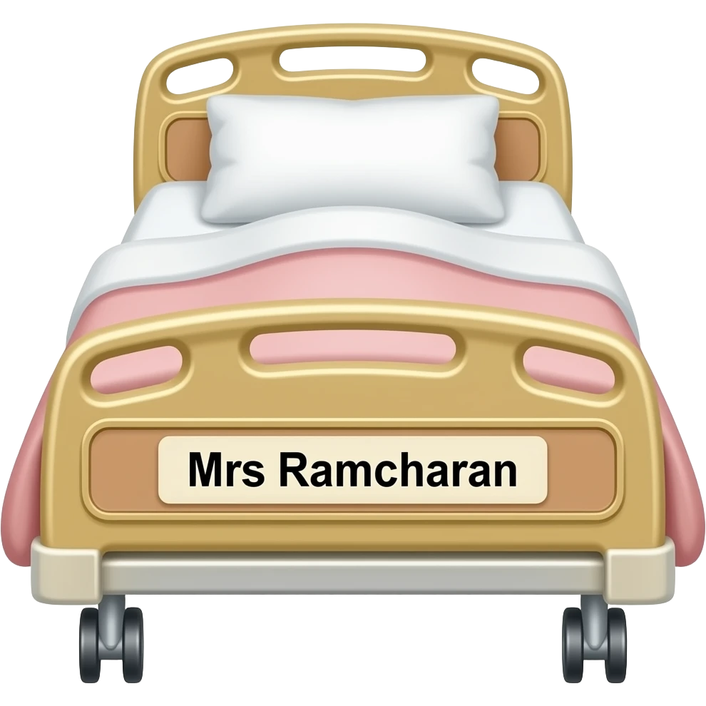 Pink and gold hospital bed with name Mrs Ramcharan emoji