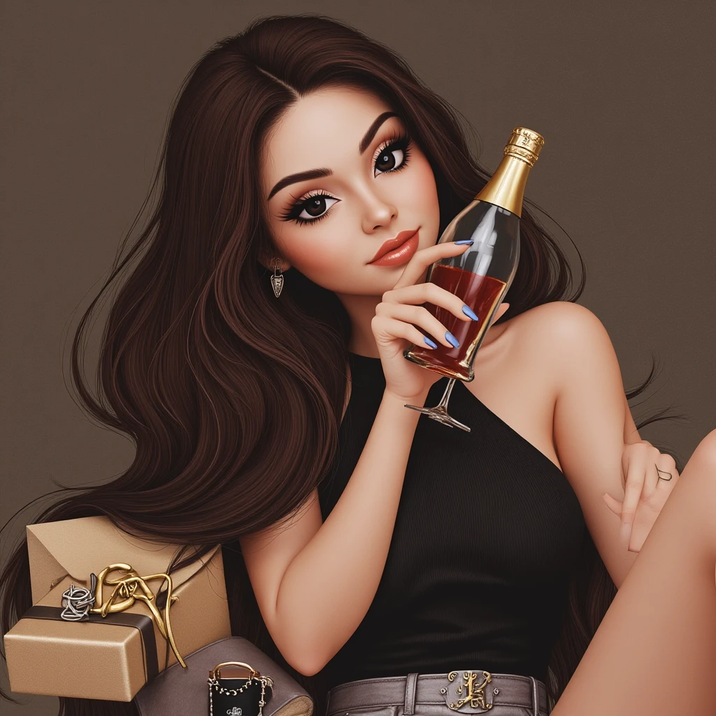 Art of nude woman's very sexy body scheme anatomy-bare shoulders and black eyes-very long straight brunette hair spreading legs and showing her pussy in seductive pose. New year elements: champagne gift emoji