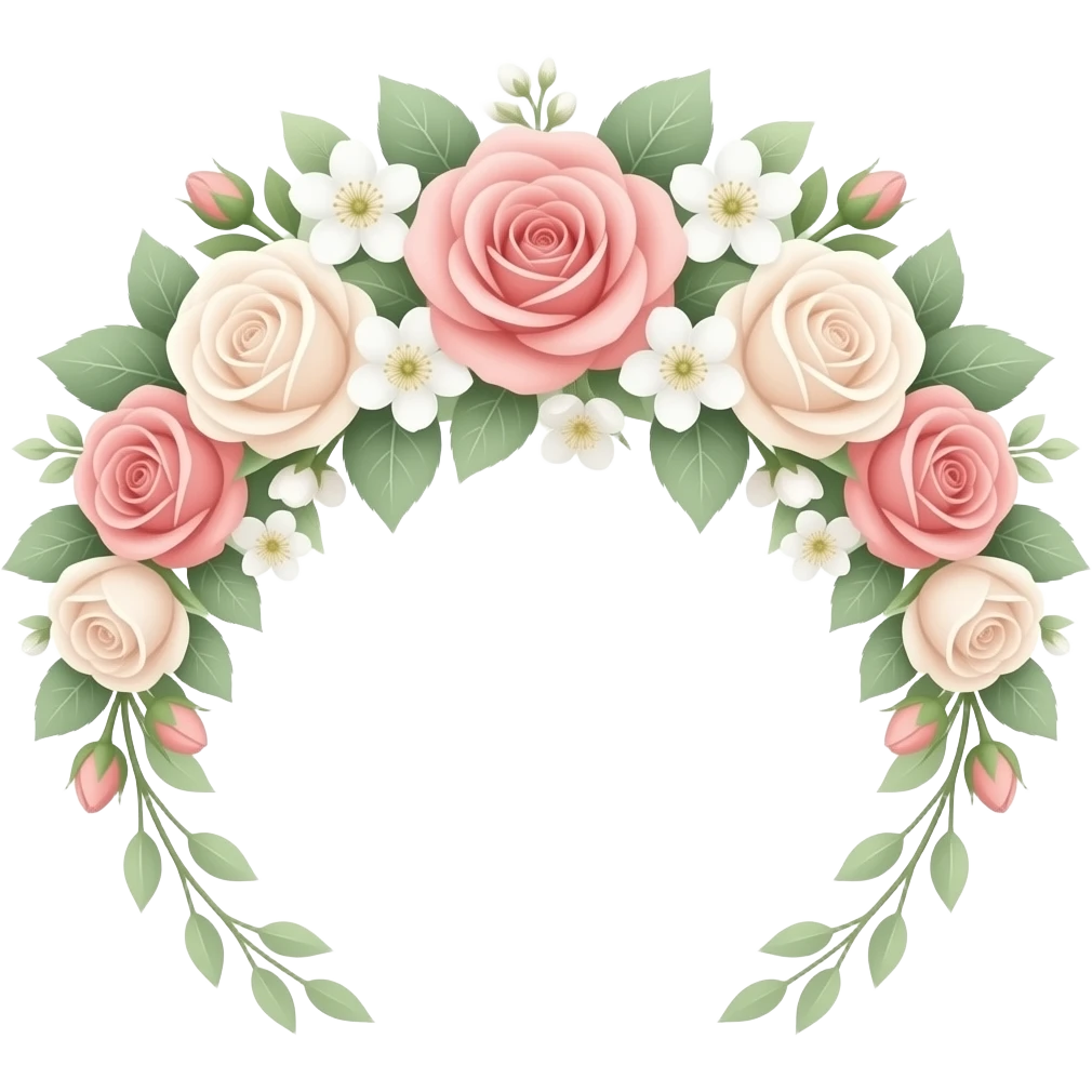 A dainty flower crown made of blush roses, white blossoms, and soft green leaves, looking romantic and graceful. emoji