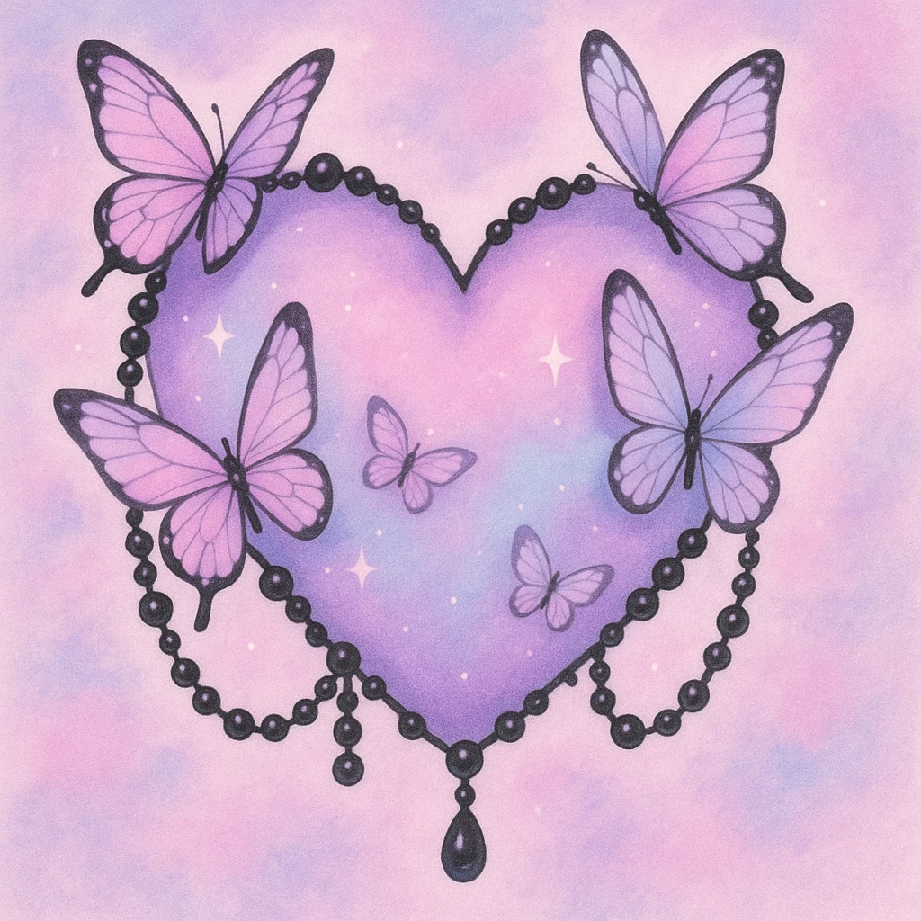 pastel goth heart with pastel butterflies and black pearls emoji