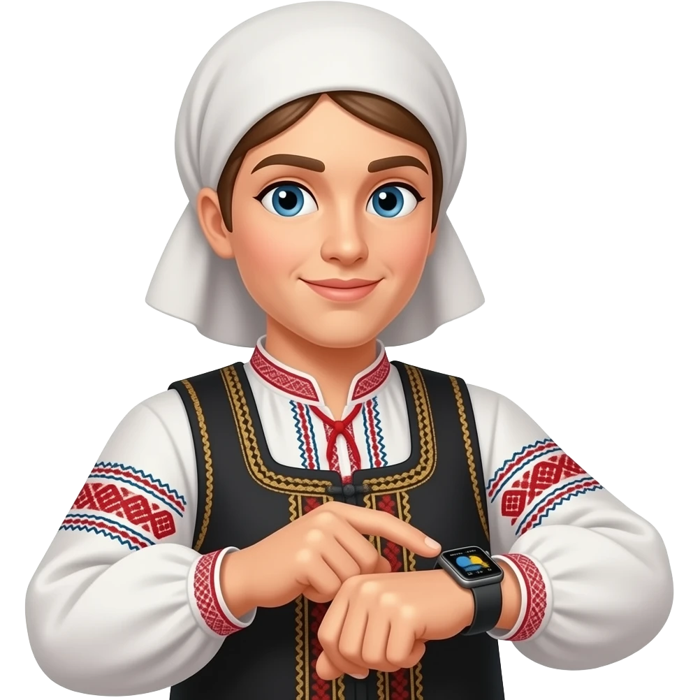 a russian peasant in national suit looking to apple watch wearing on hand for weather forecast emoji