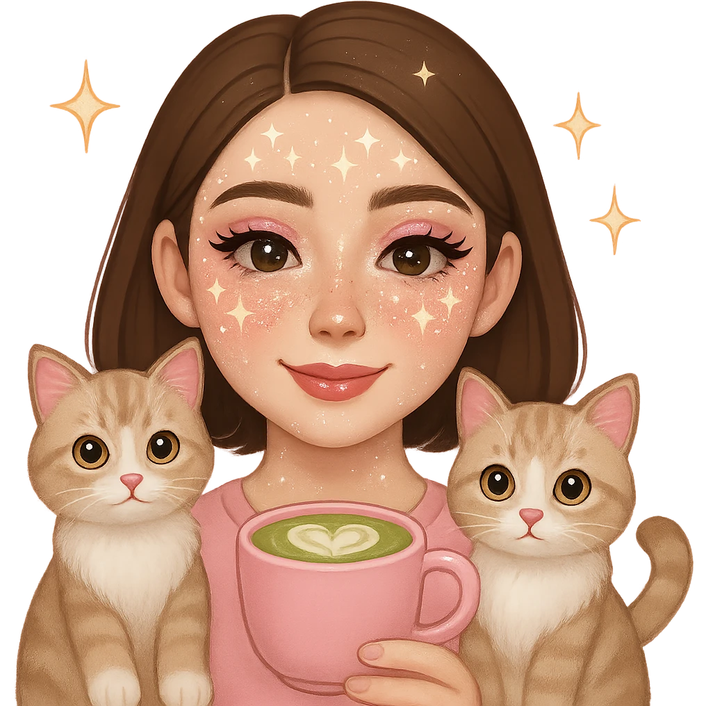 Add a matcha latte to the scene, keeping the Apple emoji style and pink soft girl aesthetic, featuring the girl with short brown hair, makeup, skincare, sparkles, and two light brown ragdoll cats. Maintain the transparent background and the overall Apple emoji style look. emoji