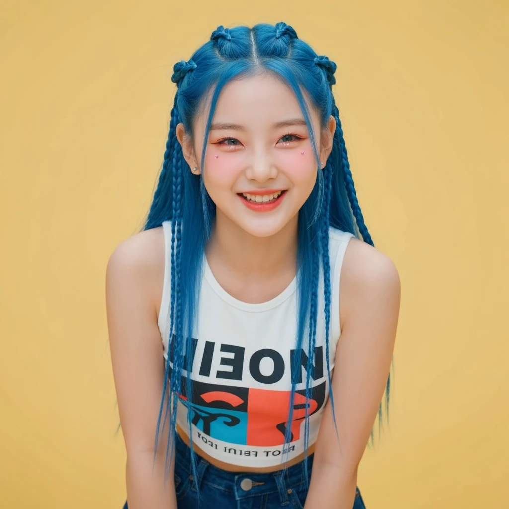 kpop girl with blue hair, cute, expressive, minimal emoji