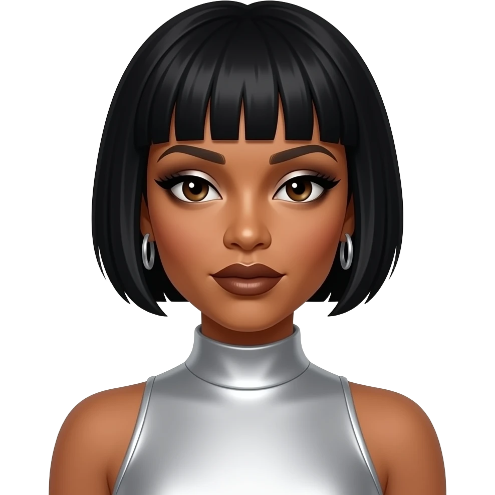 Kelly Rowland from Destiny's Child with dark brown eyes, black eton crop hair, silver eyeshadow, dark brown lipstick, silver high neck dress, silver earrings emoji
