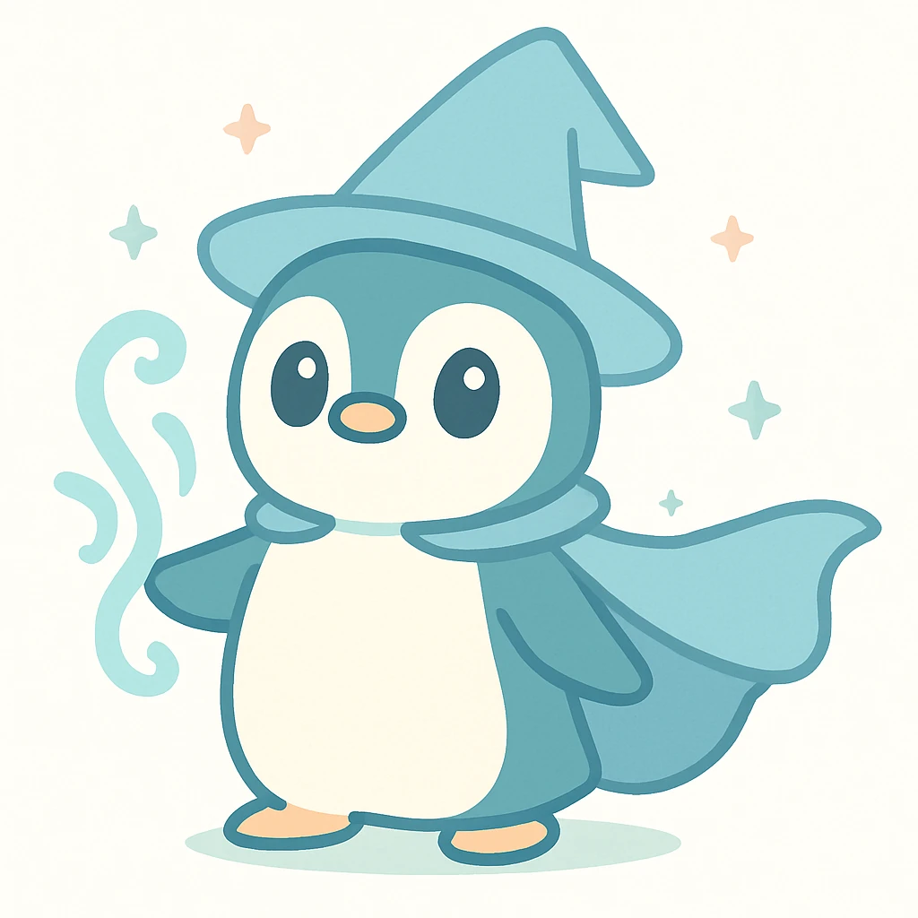 heroic penguin wizard with a flowing cape, icy blue magic swirling from its flippers, brave and mystical emoji