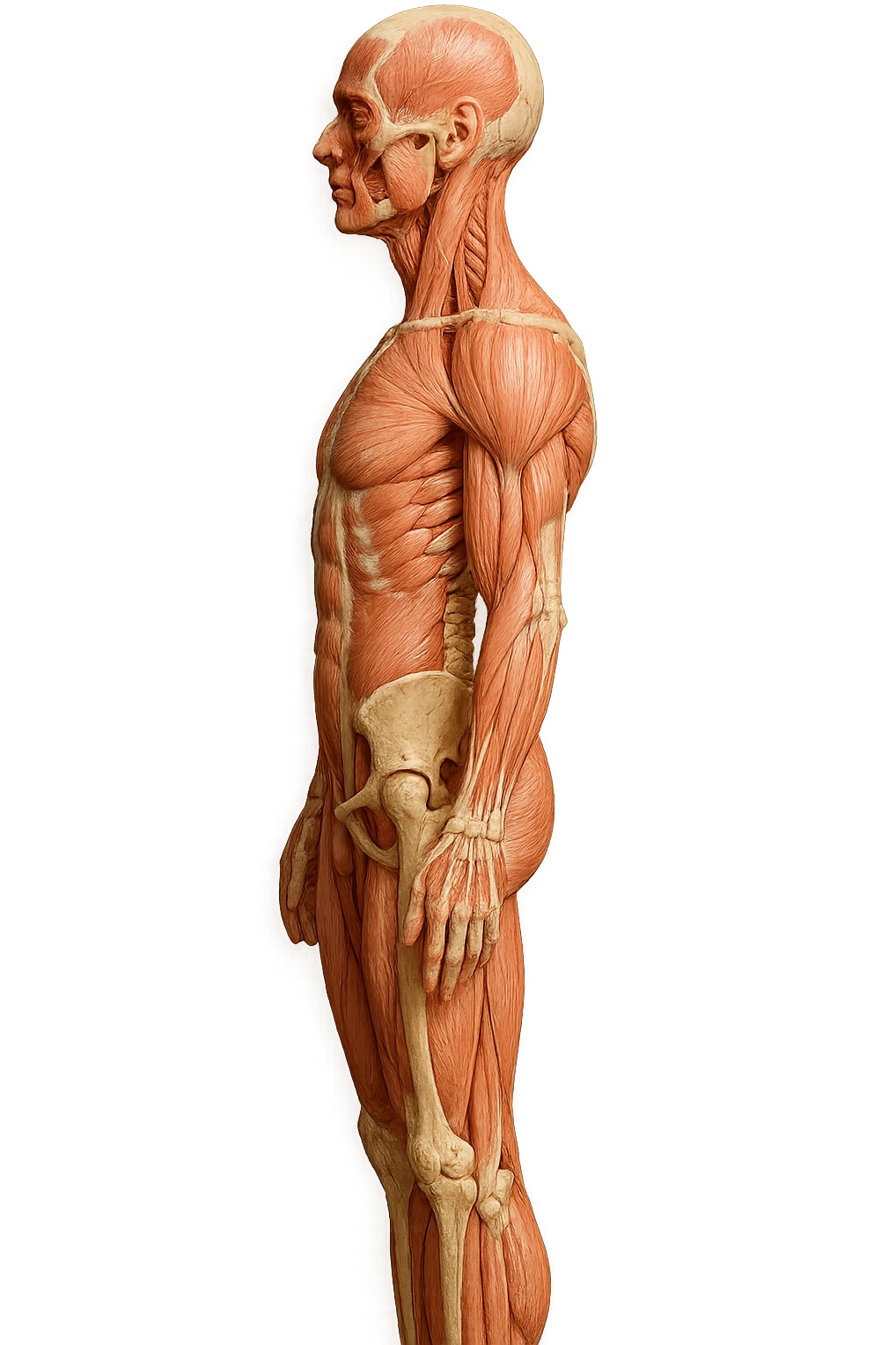 CORPO UMANO ANATOMICO REALISTICO DI PROFILO CON CURVA LOMBARE PIATTA, iperrealistico 4k emoji