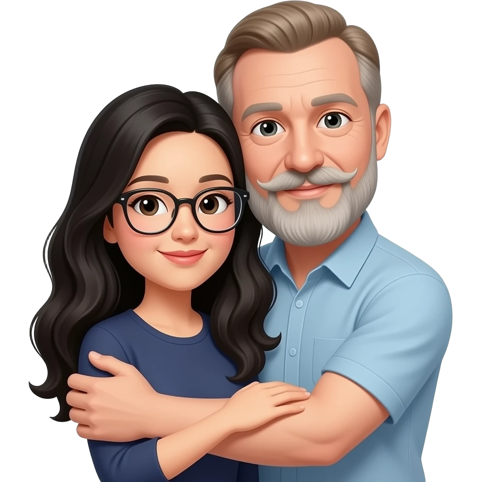 A slim white man with thinning light brown hair, moustache and long graying beard, embracing a chinese woman with long black wavy hair and glasses emoji