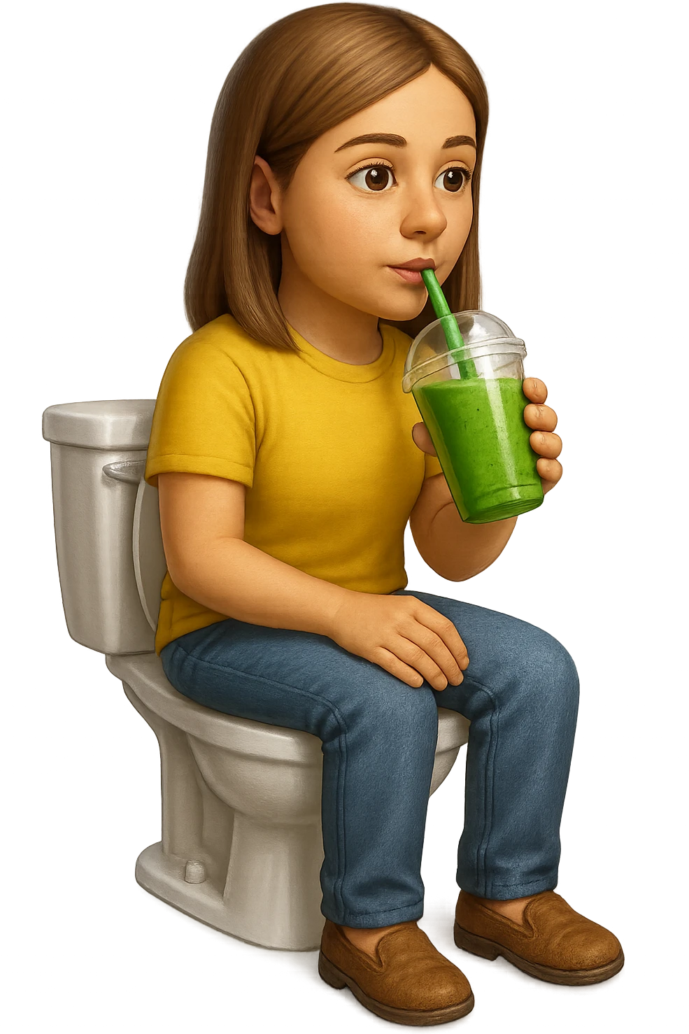 emoji stile iphone di una donna seduta sul wc che beve uno smoothies verde, iperrealistico 4k emoji