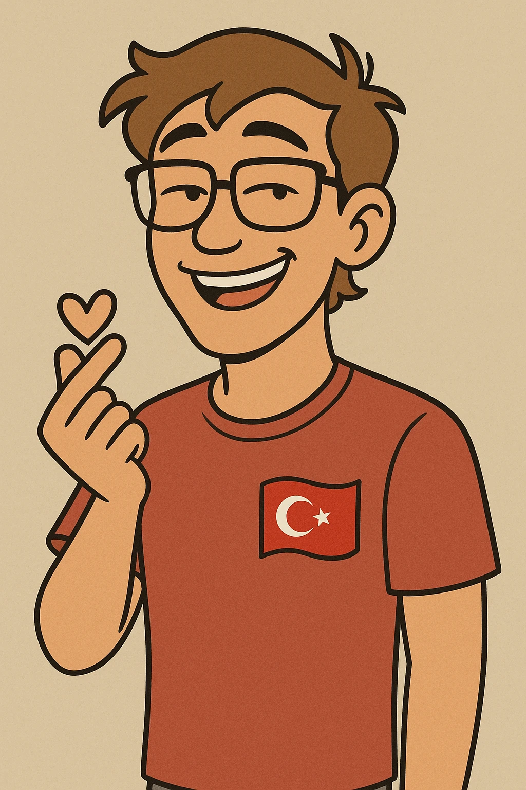 Turkish young man with slightly slanted eyes, wearing glasses, making a heart gesture with his hand, slightly tanned and light brown hair, cheerful facial expression, cartoon style emoji