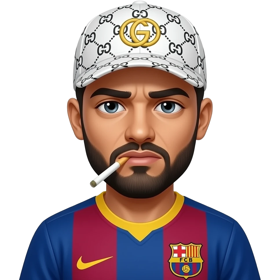 Arabe, avec joint de shit bien entamé dans la bouche, et les yeux très très  fatigués, veste Barca, casquette Gucci à motif blanche. Rend le dangereux et menaçant emoji