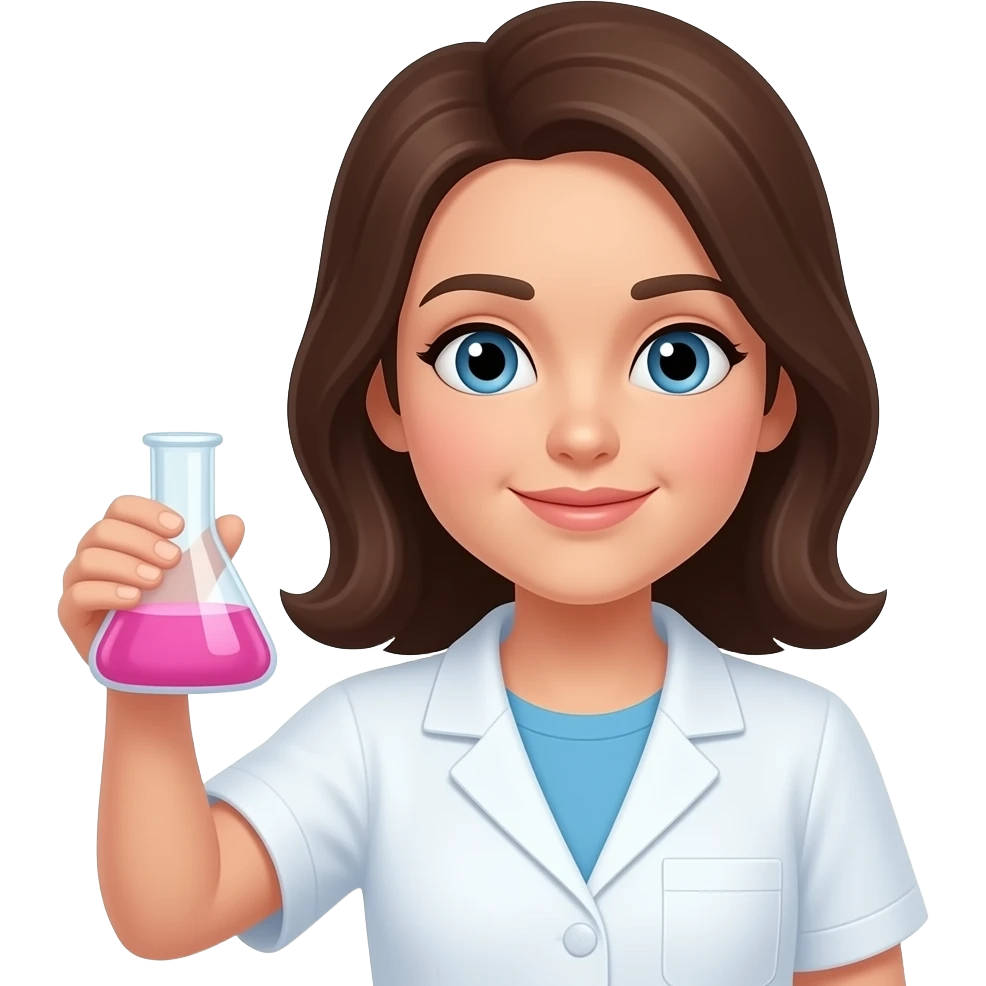 chemistry brunette woman holding a beaker containing a pink solution in apple emoji style emoji