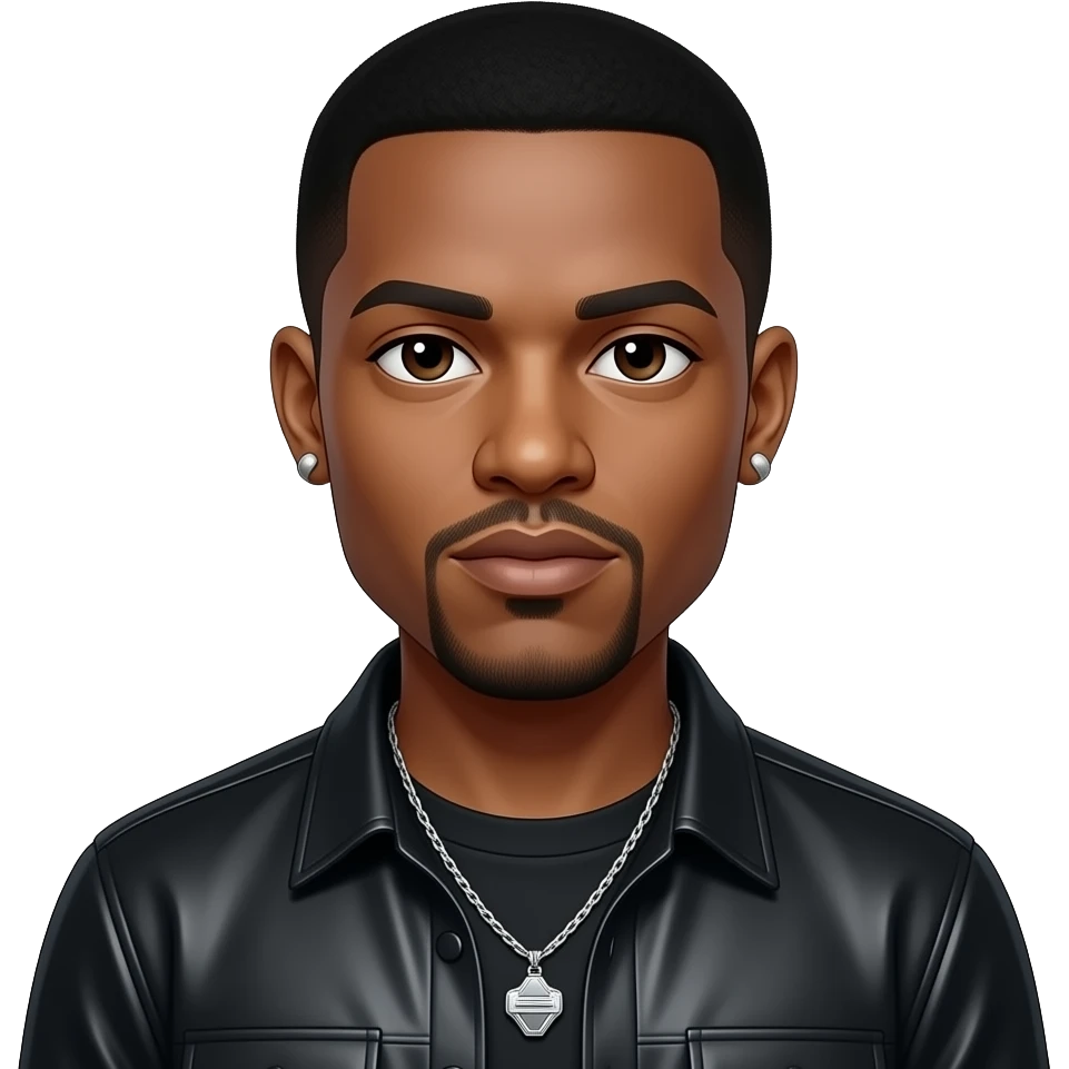 Ice Cube, Rapper (B.1969) with dark brown eyes, black hair, black metallic shirt, silver necklace and short earrings emoji