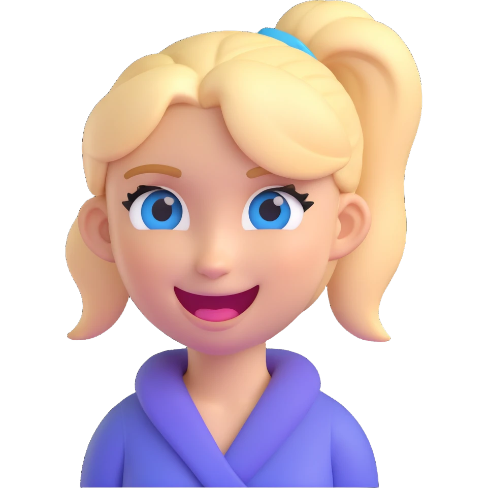 3D emoji of a white girl with blonde hair in a ponytail, blue eyes, winking emoji