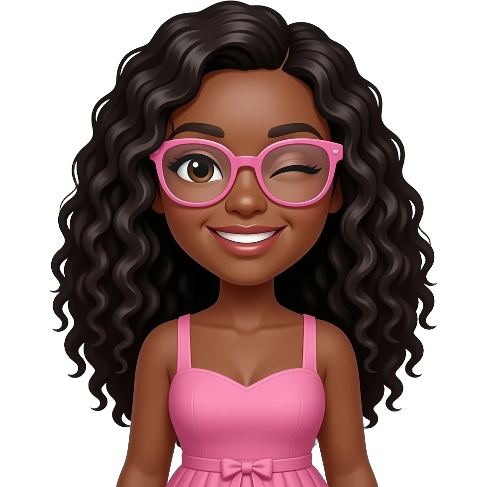 A curvy black pale light skinned woman with long curly hair with a side part, and pink glasses, wearing a pink dress and winking emoji