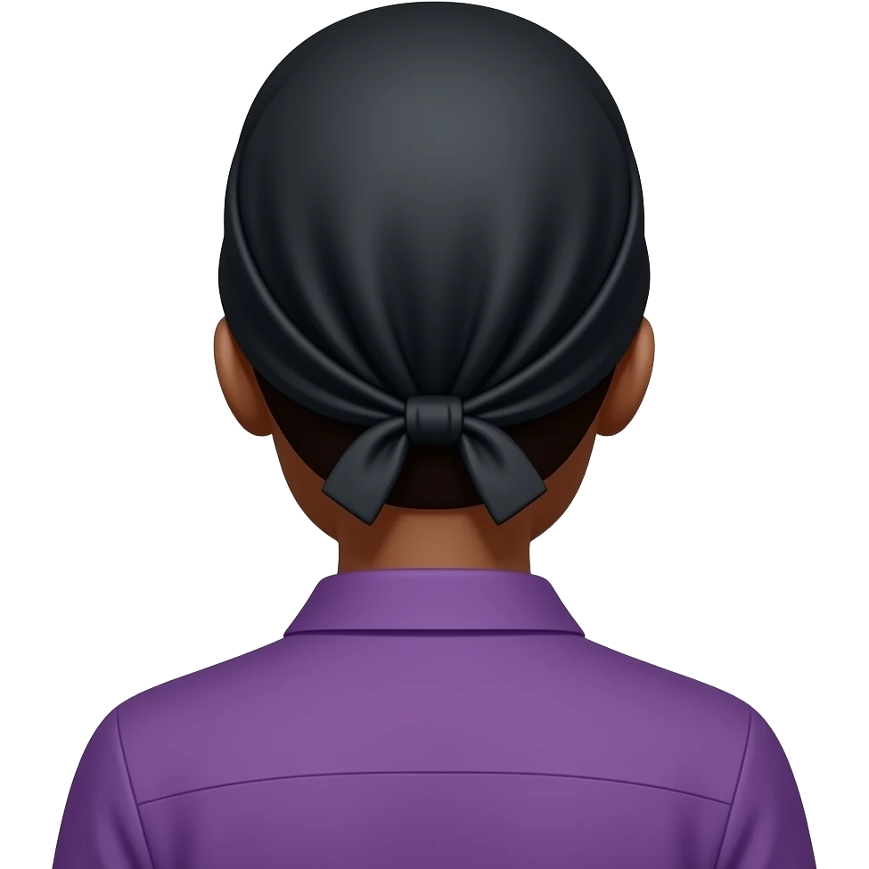 Brown tone emoji purple shirt turned around to see the back of her head with a black bonnet emoji
