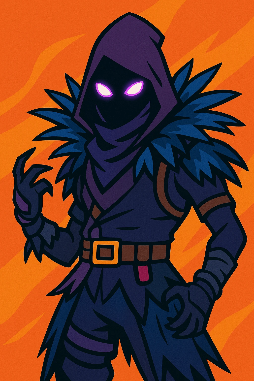 Fortnite skin Raven with dark feathers, glowing purple eyes, mysterious stance, vibrant toon style emoji