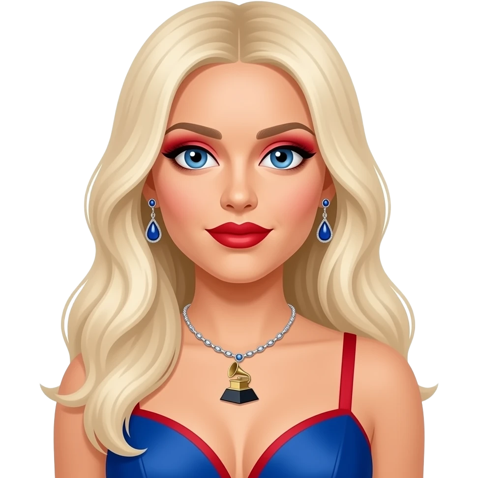 Christina Aguilera with blue eyes, long platinum blonde hair, red eyeshadow and lipstick, blue and red grammy dress, necklace and earrings emoji