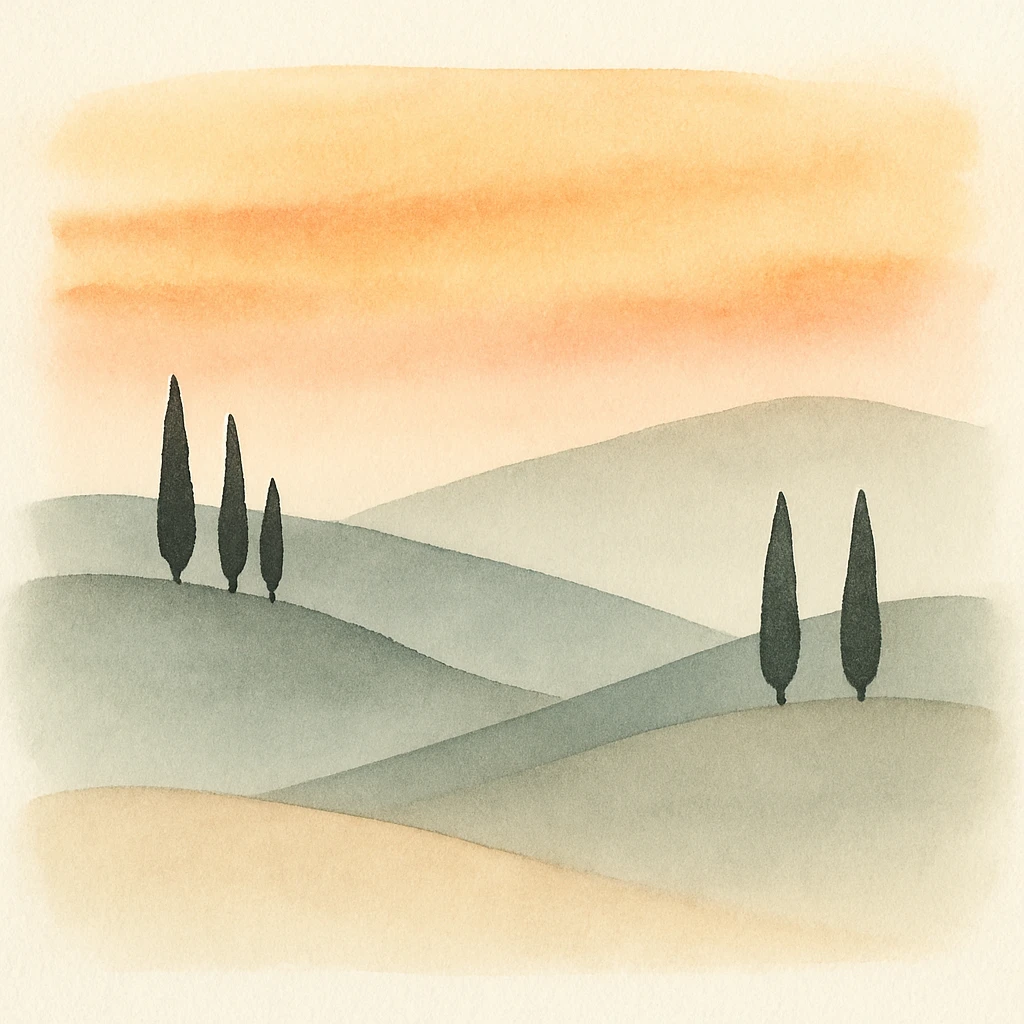 Tuscany hills at dusk, dramatic sunset colors, silhouettes of cypress trees, layered hills, serene mood, watercolor style emoji