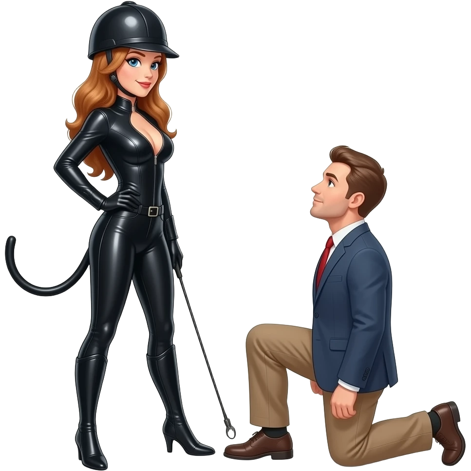woman in a catsuit with a riding crop standing over a man kneeling at her feet, facing towards her, and looking up at her emoji