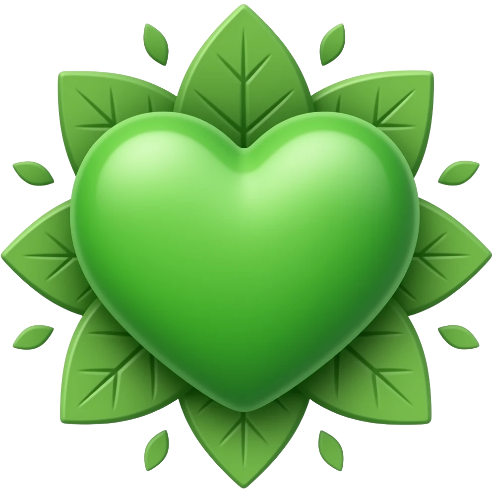 3D green heart surrounded with leaves (The Green Party style leaves), Hex Code colour: 00643b. Add a paler green reflection to the corner of the heart. Make it show success, hope, love, and unity emoji