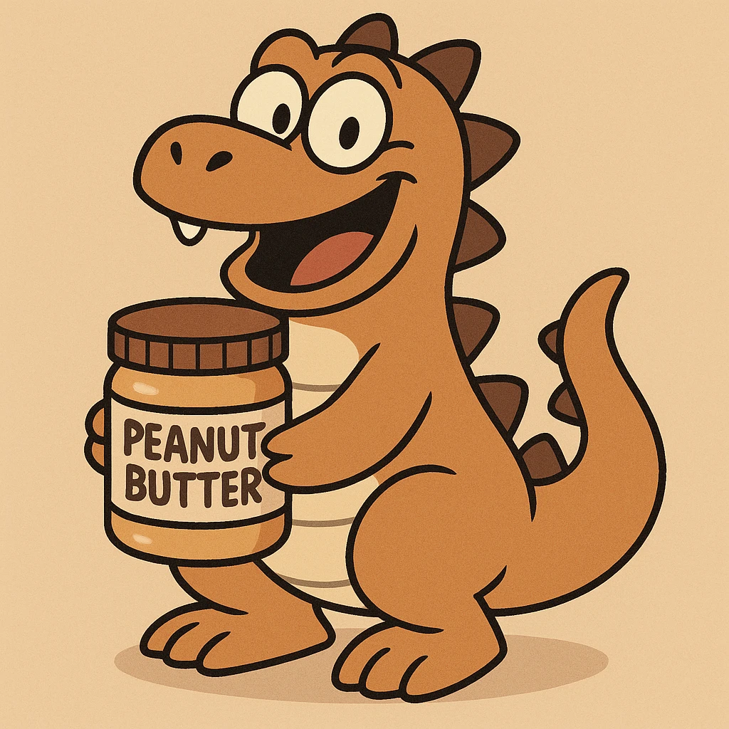 playful style dinosaur holding a jar of peanut butter emoji