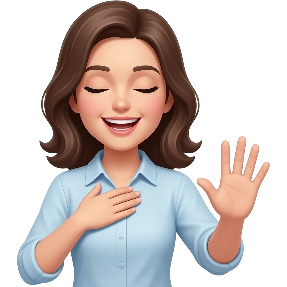 person woman saying not, eyes closed, one hand on chest, other hand stretched in front, mouth as if he was saying not, slightly smiling emoji