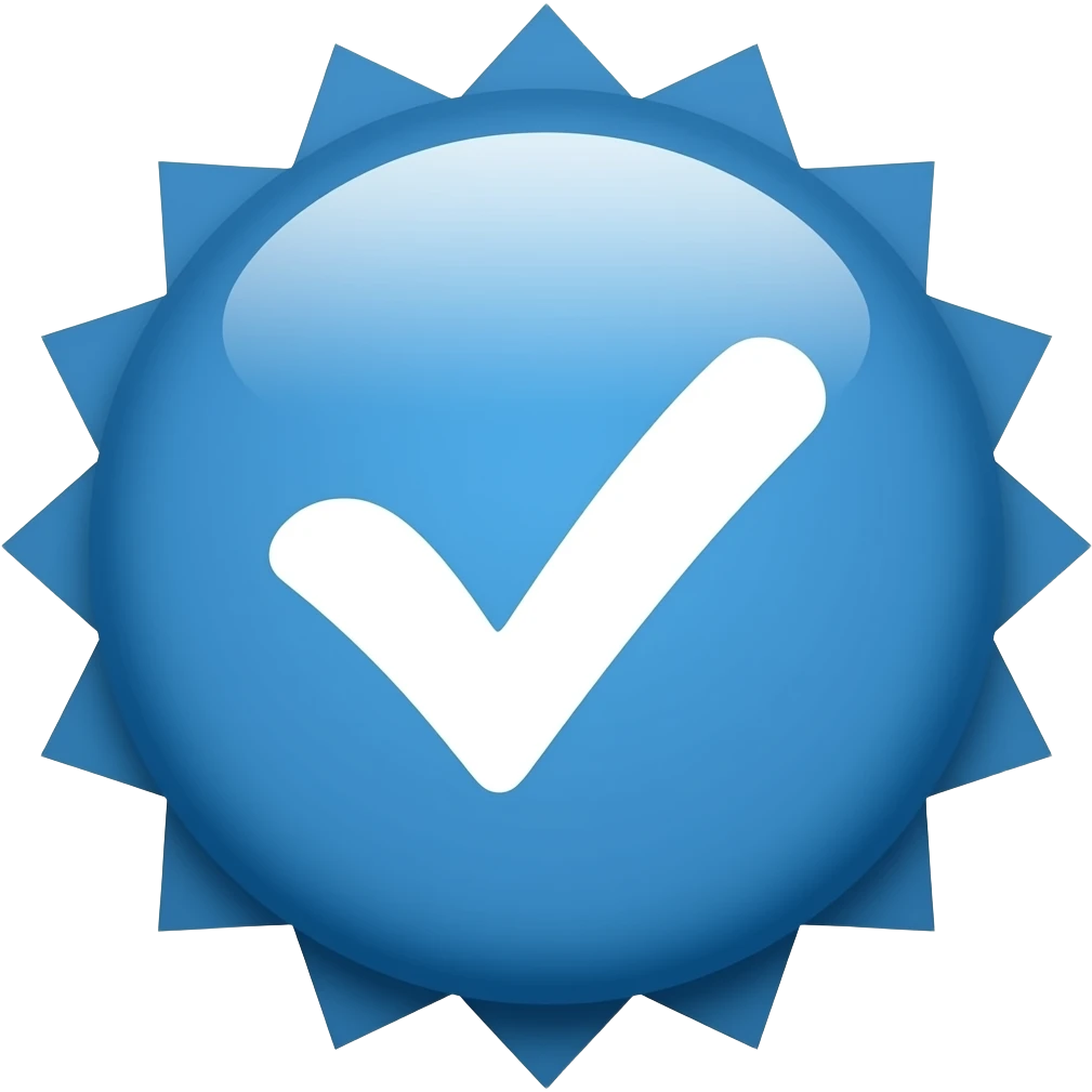 Verificado color azul  que este en circulo y la palomita sea color blanco y todo lo demás azul y que en la orillas del circulo este con triángulo emoji