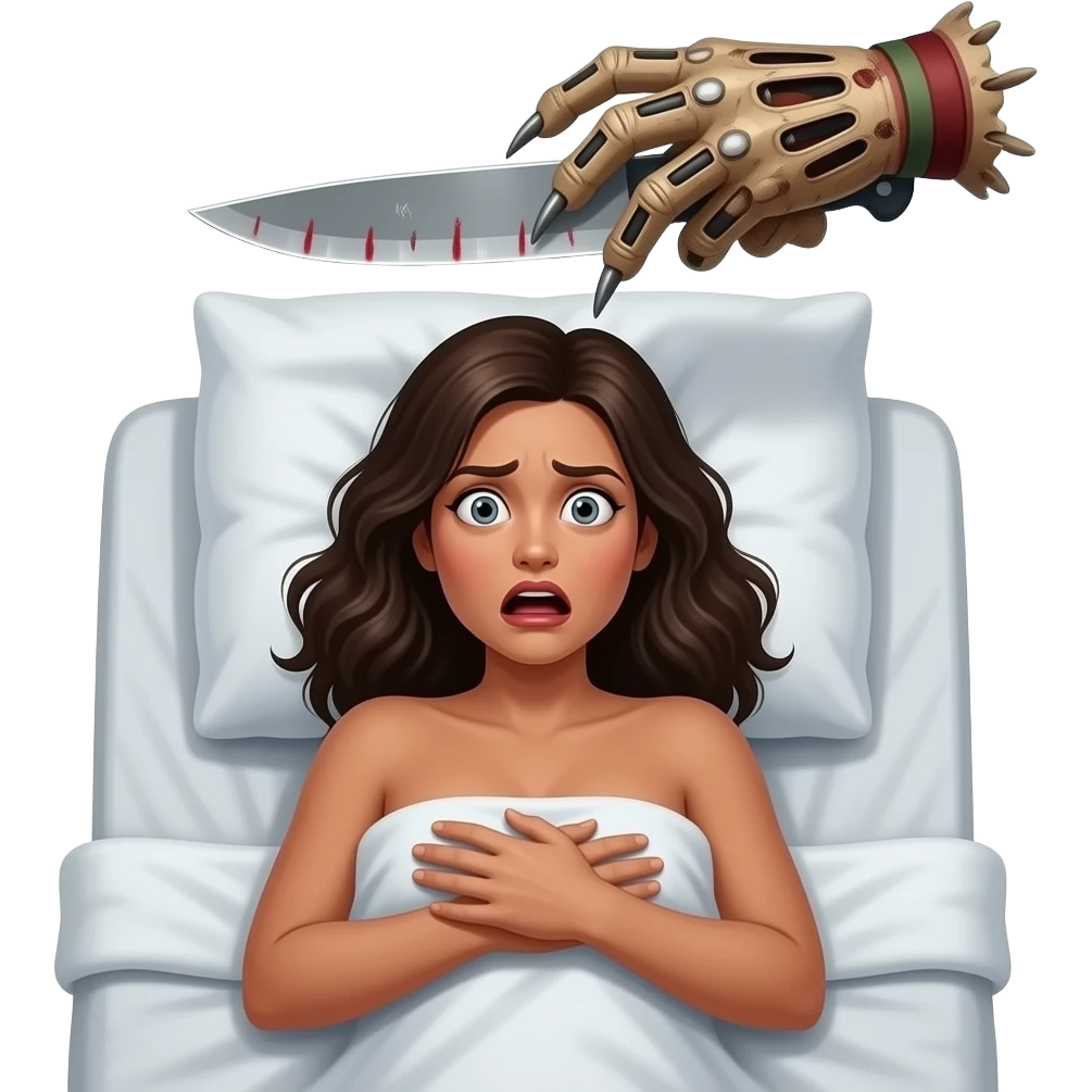 top view of a deeply tanned naked woman lying in bed clutching the bed sheets looking at the camera and is terrified by a dream of a giant freddy krueger's knives glove above her head emoji