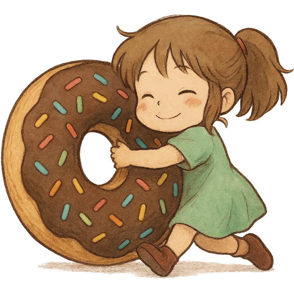 soft Ghibli style chibi girl hugging giant donut with sprinkles emoji